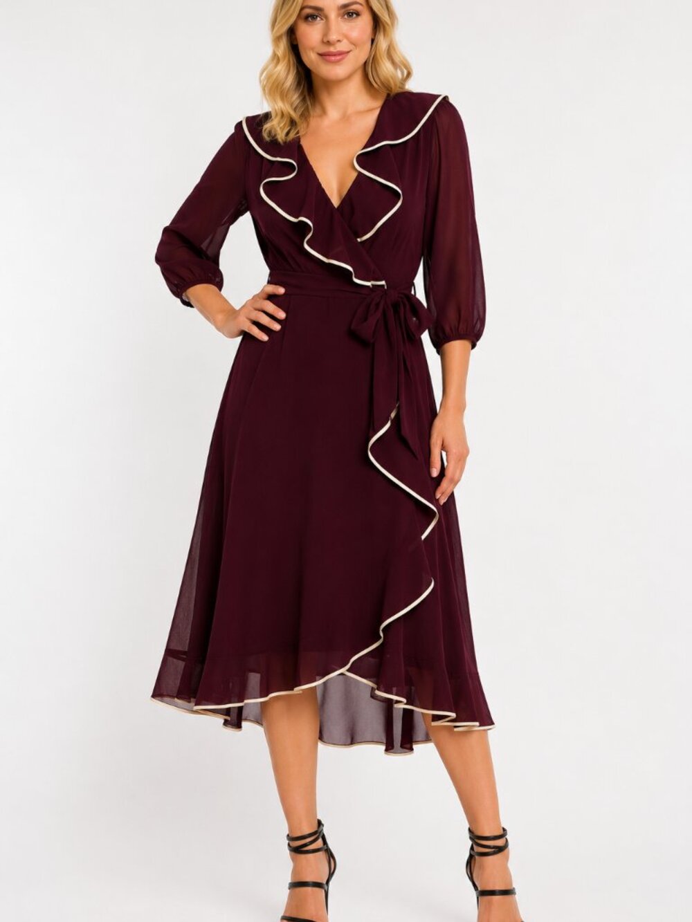 Gabby Skye NWT Burgundy Chiffon Midi Dress Women’s Size 14 Faux Wrap Wedding